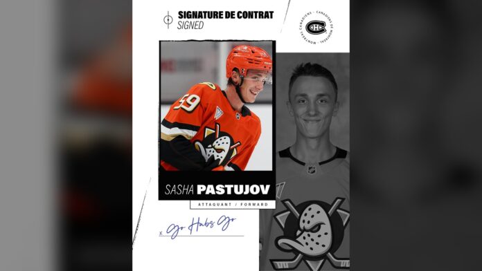 pastujov-canadiens-signing-2026 Sasha Pastujov Canadiens signing announcement graphic, one-year two-way contract 2026-27