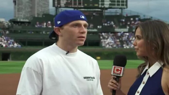 Patrick Kane first pitch Wrigley Field Patrick Kane at Wrigley Field before throwing out the first pitch at the Cubs-White Sox Crosstown Classic