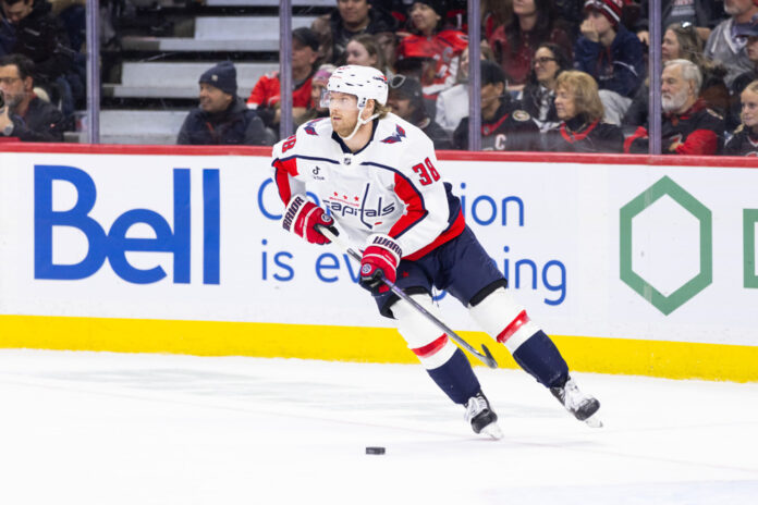 Rasmus Sandin Capitals 2026 Washington Capitals defenseman Rasmus Sandin skates with the puck during a game against the Ottawa Senators