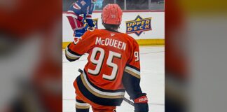 Roger McQueen wears No. 95 on his Anaheim Ducks jersey at the NHLPA x Upper Deck Rookie Showcase in Chicago