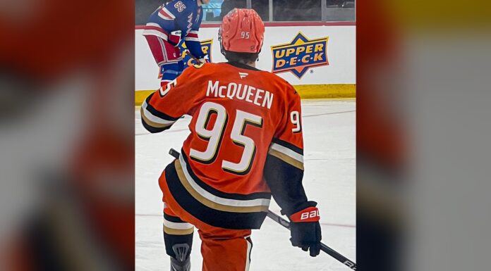 Roger McQueen: Ducks Prospect Has ‘Chance to Be Unstoppable’ Roger McQueen wears No. 95 on his Anaheim Ducks jersey at the NHLPA x Upper Deck Rookie Showcase in Chicago