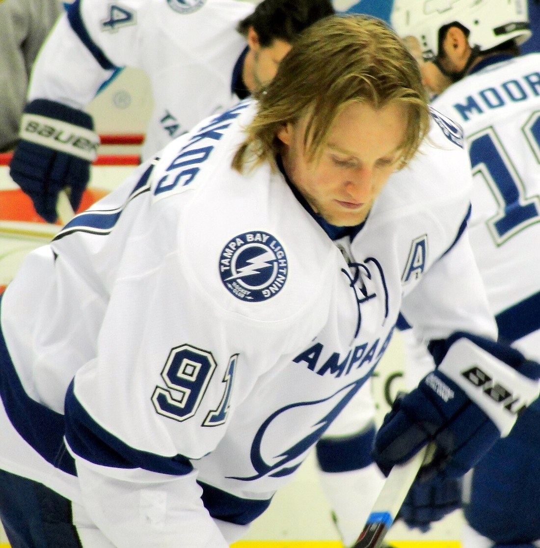 Steven Stamkos in a white Tampa Bay Lightning sweater during a pregame warmup in February 2012
