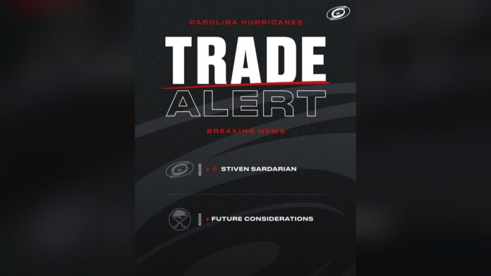 Stiven Sardarian Hurricanes trade 2026 Carolina Hurricanes trade alert graphic for forward Stiven Sardarian acquired from the Buffalo Sabres for future considerations