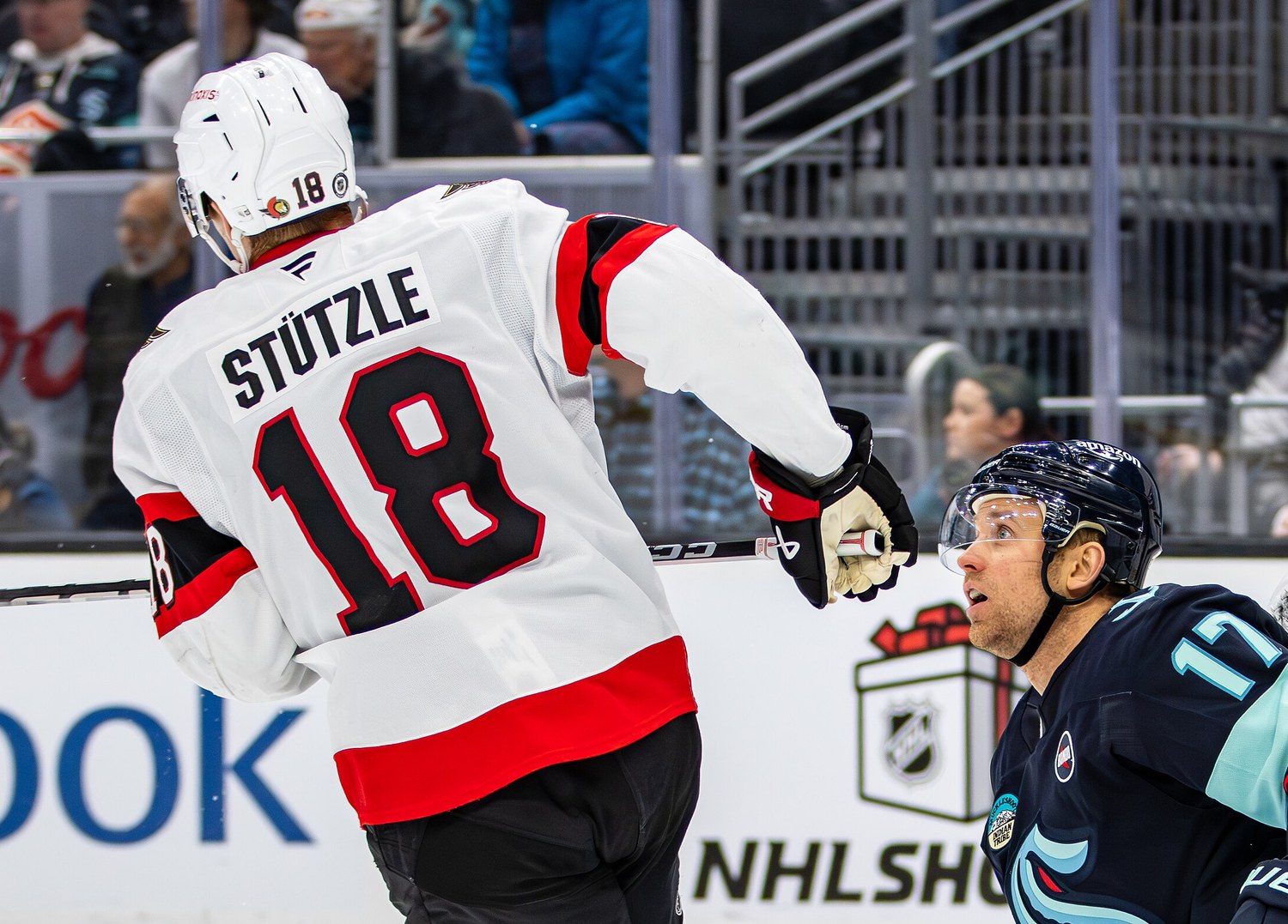 Tim Stutzle wearing No. 18 for the Ottawa Senators during a game against the Seattle Kraken