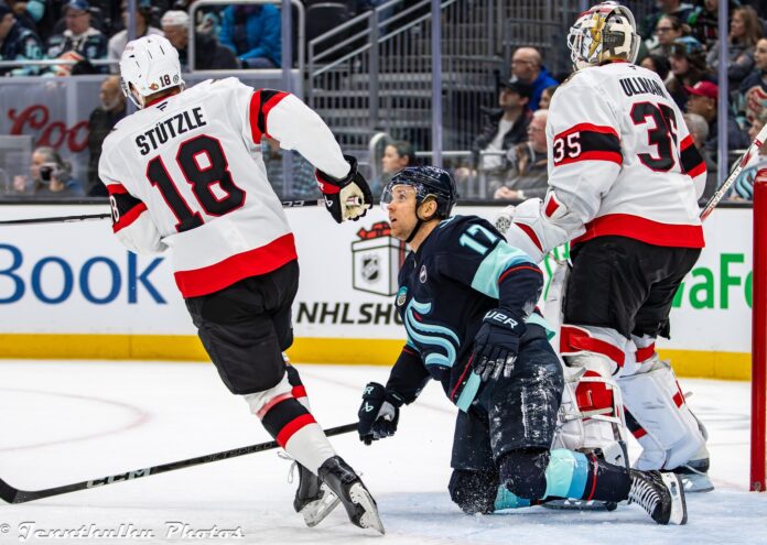 Tim Stutzle Ottawa Senators 2024 Tim Stutzle of the Ottawa Senators skates away from the net during a game against the Seattle Kraken