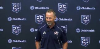 Trevor Timmins speaks at a Columbus Blue Jackets media availability about the NHL Draft