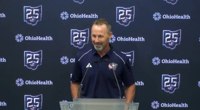Trevor Timmins speaks at a Columbus Blue Jackets media availability about the NHL Draft