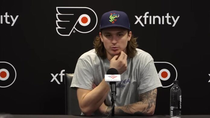 Trevor Zegras Flyers center 2026-27 Trevor Zegras speaks to reporters as the Flyers plan to start him at center in 2026-27