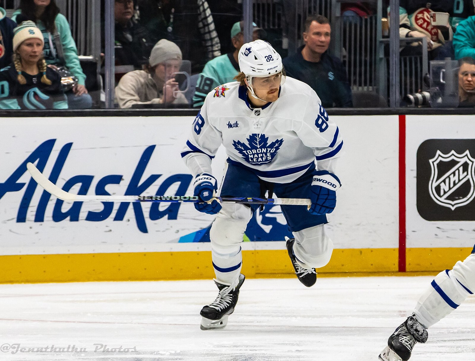 William Nylander wearing number 88 skates up ice against the Seattle Kraken in January 2024