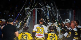 Zdeno Chara Hardest Shot: 108.8 MPH Again at Age 49 Zdeno Chara walks through a stick salute with his sons at Zee's Final Shift farewell game in Trencin, Slovakia