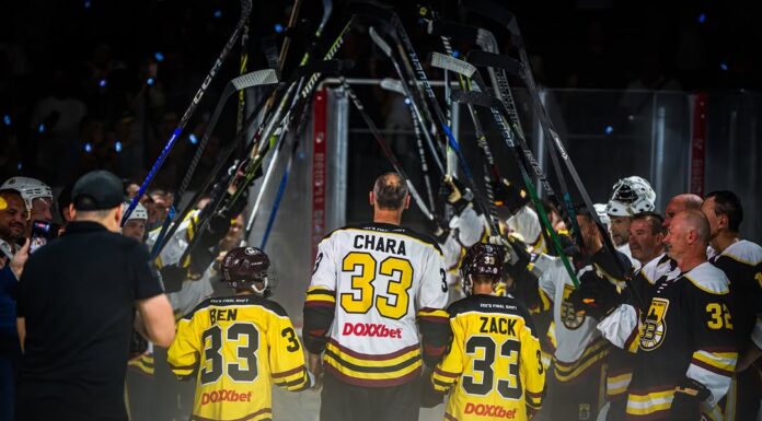 Zdeno Chara Hardest Shot: 108.8 MPH Again at Age 49 Zdeno Chara walks through a stick salute with his sons at Zee's Final Shift farewell game in Trencin, Slovakia