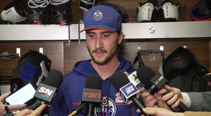 Formenton Preseason Debut: A Goal Inside, Protest Outside Alex Formenton speaks to reporters after his Edmonton Oilers preseason debut against the Winnipeg Jets