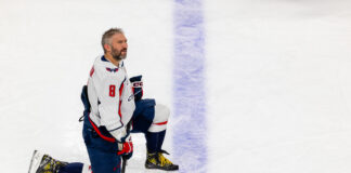 Ovechkin Injury Update: Leaves Practice After 15 Minutes Washington Capitals left wing Alex Ovechkin kneels on the ice during warmups before an NHL game