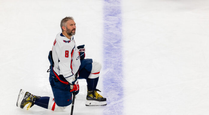 Ovechkin Injury Update: Leaves Practice After 15 Minutes Washington Capitals left wing Alex Ovechkin kneels on the ice during warmups before an NHL game