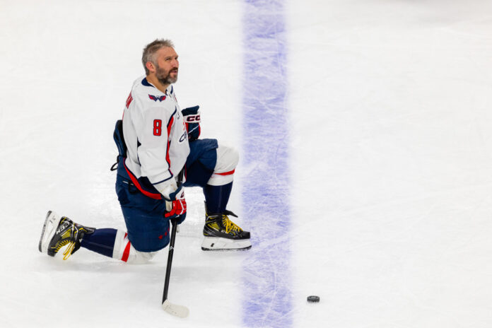 Alex Ovechkin Capitals warmup March 2025 Washington Capitals left wing Alex Ovechkin kneels on the ice during warmups before an NHL game