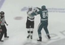 Karmanov Fight: 7-Foot-1 Sharks Prospect Drops the Gloves Alexander Karmanov fight San Jose Sharks Liam Lefebvre Los Angeles Kings 2026 Rookie Faceoff