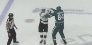 Karmanov Fight: 7-Foot-1 Sharks Prospect Drops the Gloves Alexander Karmanov fight San Jose Sharks Liam Lefebvre Los Angeles Kings 2026 Rookie Faceoff