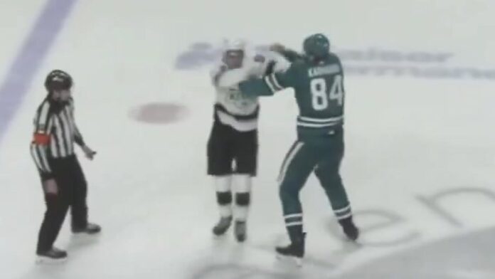 Alexander Karmanov fight Sharks Kings Rookie Faceoff 2026 Alexander Karmanov fight San Jose Sharks Liam Lefebvre Los Angeles Kings 2026 Rookie Faceoff