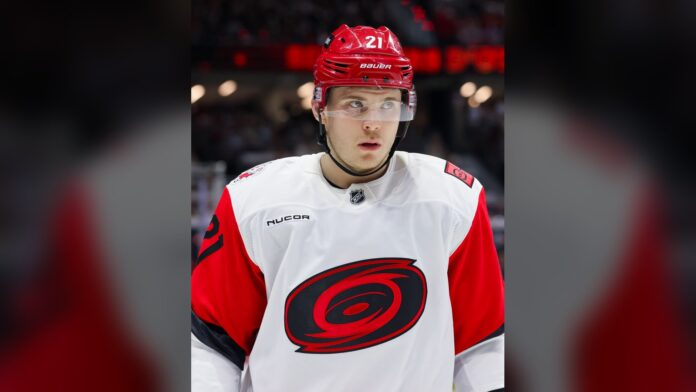 Alexander Nikishin Hurricanes training camp 2026 Alexander Nikishin of the Carolina Hurricanes during a stoppage in play against the Ottawa Senators in the 2026 Stanley Cup Playoffs