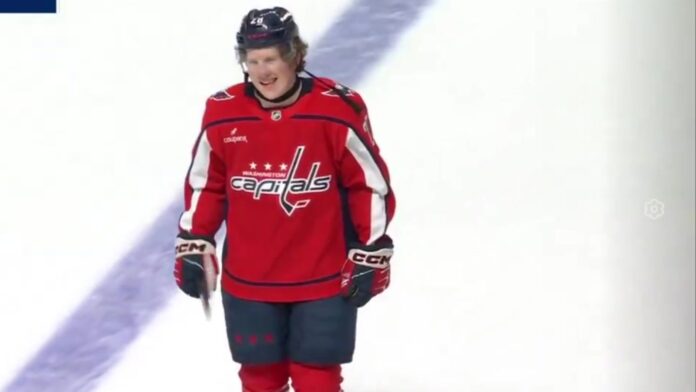 andrew-cristall-fined-capitals-flyers-2026 Washington Capitals forward Andrew Cristall skates off the ice after his ejection against the Philadelphia Flyers in Hershey