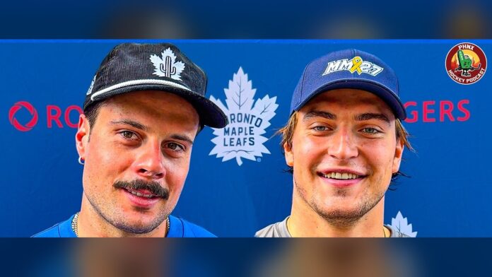 auston-matthews-matthew-knies-arizona-presser-2026 Auston Matthews and Matthew Knies speak to media in Arizona about the Coyotes