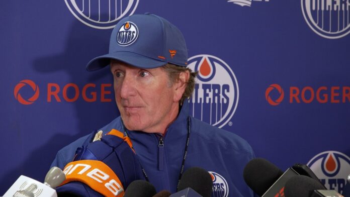 Mike Babcock Oilers training camp media availability September 17 2026 Mike Babcock speaks to reporters after the first day of Edmonton Oilers training camp