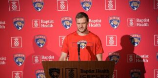 Barkov Return: Panthers ‘Awesome to See Him Smile’ Aleksander Barkov smiling at Florida Panthers media day 2026