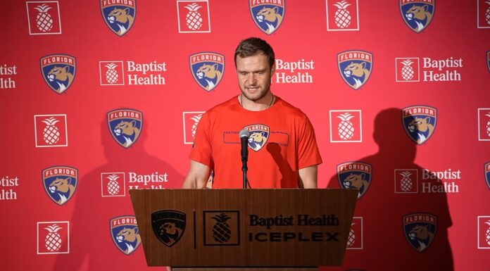 Barkov Return: Panthers ‘Awesome to See Him Smile’ Aleksander Barkov smiling at Florida Panthers media day 2026