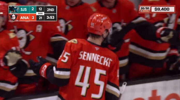 Sennecke Hat Trick: Three Straight Goals in Ducks Opener Beckett Sennecke celebrates along the Anaheim Ducks bench after scoring against the San Jose Sharks in the preseason opener