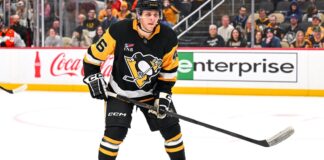 Blake Lizotte of the Pittsburgh Penguins skates during a game before his upper-body injury
