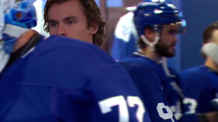Sergei Bobrovsky Gavin McKenna rookie lap tunnel Sergei Bobrovsky in his No. 72 Maple Leafs jersey leads Gavin McKenna out of the tunnel before McKenna rookie lap at Scotiabank Arena