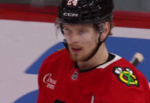 Bowen Byram Hat Trick: OT Winner in Blackhawks Debut Bowen Byram celebrates during the Chicago Blackhawks preseason game against the Minnesota Wild at the United Center