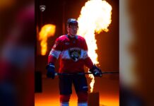 Brady Tkachuk First Point: Between-the-Legs Pass for Panthers Brady Tkachuk in full Florida Panthers gear during player introductions