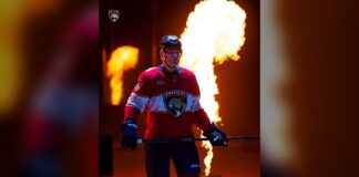 Brady Tkachuk in full Florida Panthers gear during player introductions
