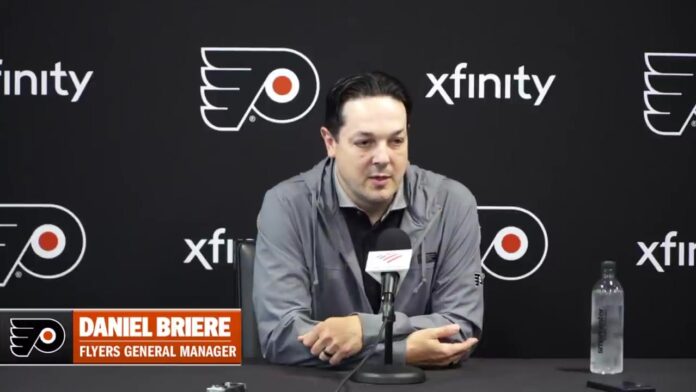 Daniel Briere Flyers Michkov extension September 15 2026 Flyers general manager Daniel Briere speaks to reporters ahead of 2026 training camp about a Matvei Michkov contract extension