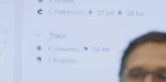 A Boston Bruins front office screen shown on Behind the B lists Filip Hronek alongside Liam Pettersson and 2027 and 2028 first-round picks going to the Vancouver Canucks
