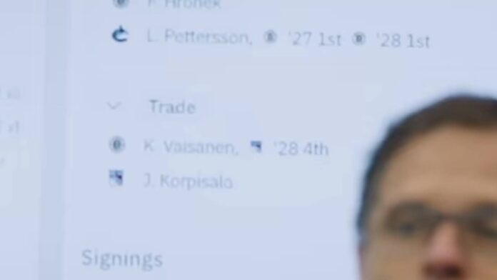 Bruins Filip Hronek trade package Behind the B screen A Boston Bruins front office screen shown on Behind the B lists Filip Hronek alongside Liam Pettersson and 2027 and 2028 first-round picks going to the Vancouver Canucks