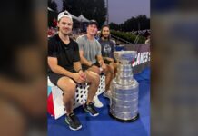 Stanley Cup Hits Pickleball Nationals With Three Canes Sebastian Aho, Andrei Svechnikov and Jalen Chatfield sit courtside with the Stanley Cup at the pickleball national championships in Cary, North Carolina
