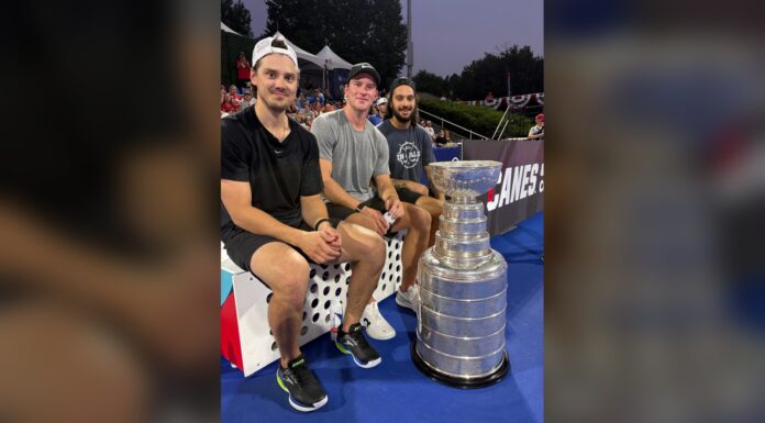 Stanley Cup Hits Pickleball Nationals With Three Canes Sebastian Aho, Andrei Svechnikov and Jalen Chatfield sit courtside with the Stanley Cup at the pickleball national championships in Cary, North Carolina