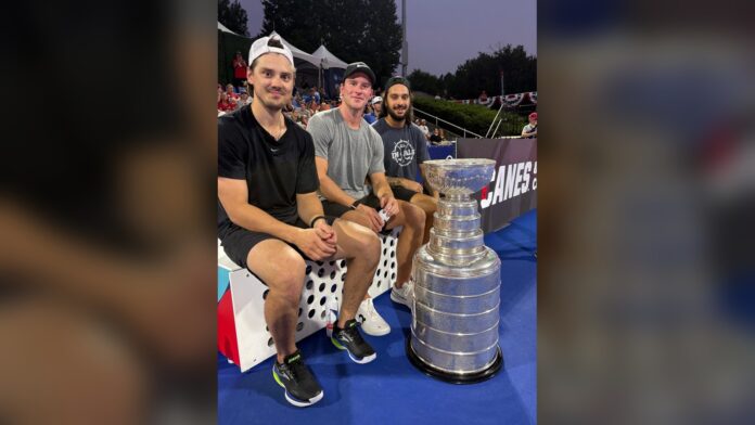 Hurricanes Stanley Cup pickleball national championships 2026 Sebastian Aho, Andrei Svechnikov and Jalen Chatfield sit courtside with the Stanley Cup at the pickleball national championships in Cary, North Carolina