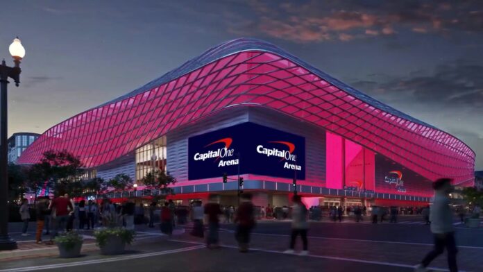 New Capital One Arena Rendering 2026 Rendering of the renovated Capital One Arena exterior in Washington, D.C., home of the Washington Capitals