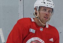 Panthers Hat Trick Streak: 3 Straight Natural Hat Tricks Carter Verhaeghe in a red Florida Panthers practice jersey