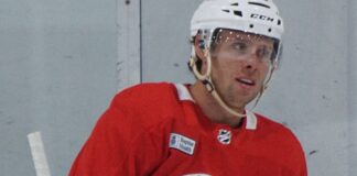 Panthers Hat Trick Streak: 3 Straight Natural Hat Tricks Carter Verhaeghe in a red Florida Panthers practice jersey