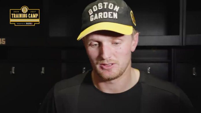 Casey Mittelstadt Bruins Training Camp 2026 Casey Mittelstadt speaks to reporters at Boston Bruins training camp in September 2026