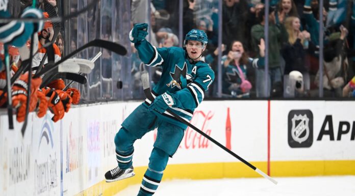 Sharks Name Celebrini Captain, 11th in Team History Macklin Celebrini celebrates a goal for the San Jose Sharks in the teal home jersey