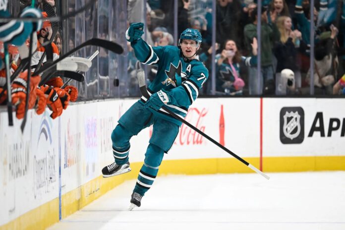 celebrini-goal-celebration-teal-2026 Macklin Celebrini celebrates a goal for the San Jose Sharks in the teal home jersey