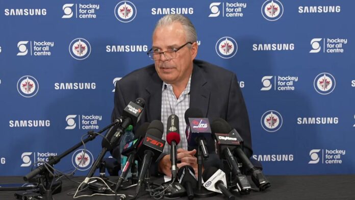 Kevin Cheveldayoff Connor Hellebuyck trade Jets training camp Winnipeg Jets general manager Kevin Cheveldayoff speaks to reporters about the Connor Hellebuyck trade request on day one of training camp