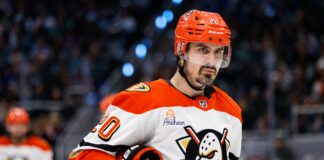 Chris Kreider in an Anaheim Ducks jersey as the team places him on waivers for contract termination