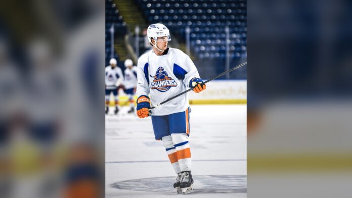 Cole Eiserman Islanders roster spot 2026 Cole Eiserman skates in a Bridgeport Islanders practice jersey ahead of New York Islanders training camp