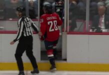 Andrew Cristall Ejection: Cross-Check to McDonald’s Face Andrew Cristall skates off the ice after his ejection from the Capitals preseason game against the Flyers at Giant Center in Hershey